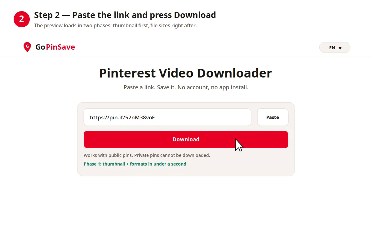 Paste the link in the box above and press Download. The preview loads in two phases: first the thumbnail, title and available formats in under a second, then the file sizes once they are measured.