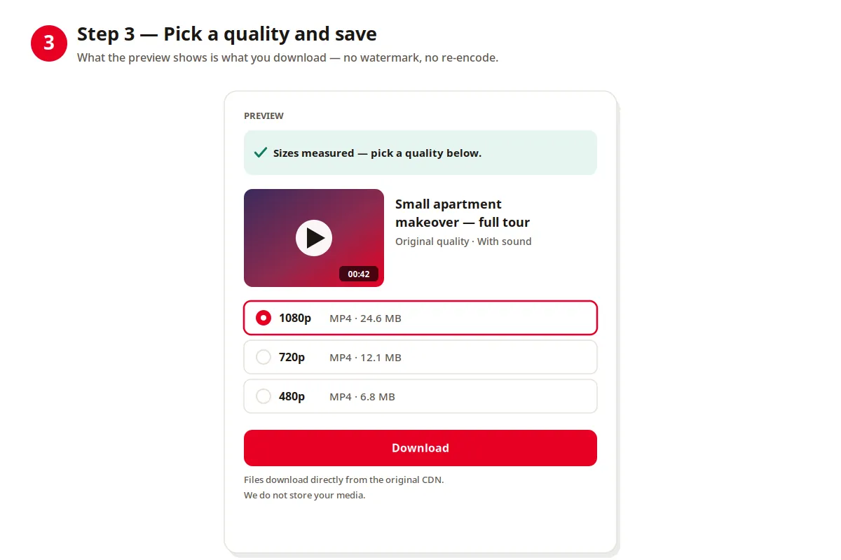 Pick a quality and save. On an iPhone, the file lands in Files under Downloads, from where you can move it to Photos. On Android and desktop, it goes straight to your usual downloads folder.